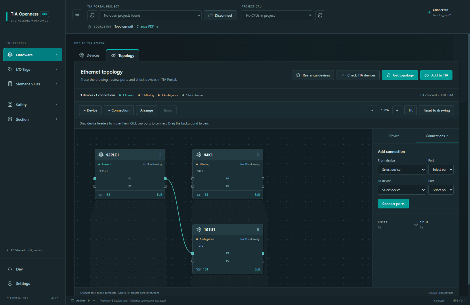 Tia Configer topology editor showing device nodes, linked Ethernet ports and present, missing and ambiguous review states.